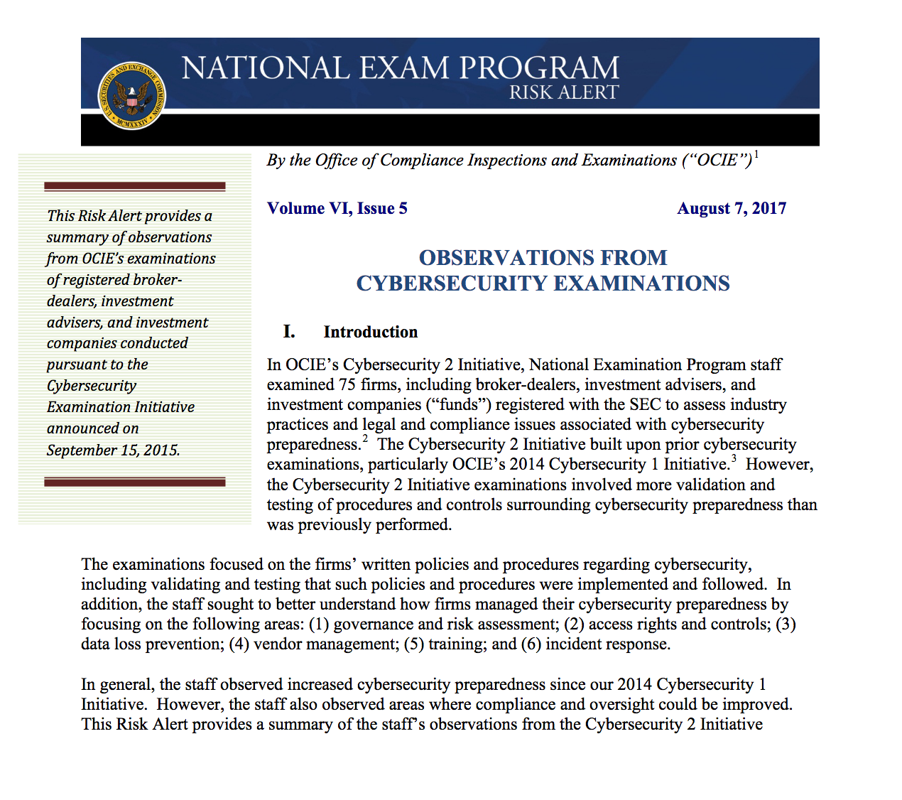 Observations from Cybersecurity Examinations